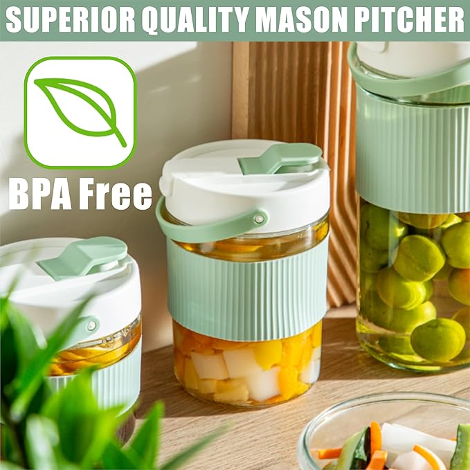 2-Pack Glass Mason Jar Water Pitcher with Lids, 54FL OZ (1600ML) - Large Wide Mouth, Pour Spout & Handle for Cold Brew Tea, Iced Coffee & Cold Drinks - Ideal for Refrigerators & Kitchens