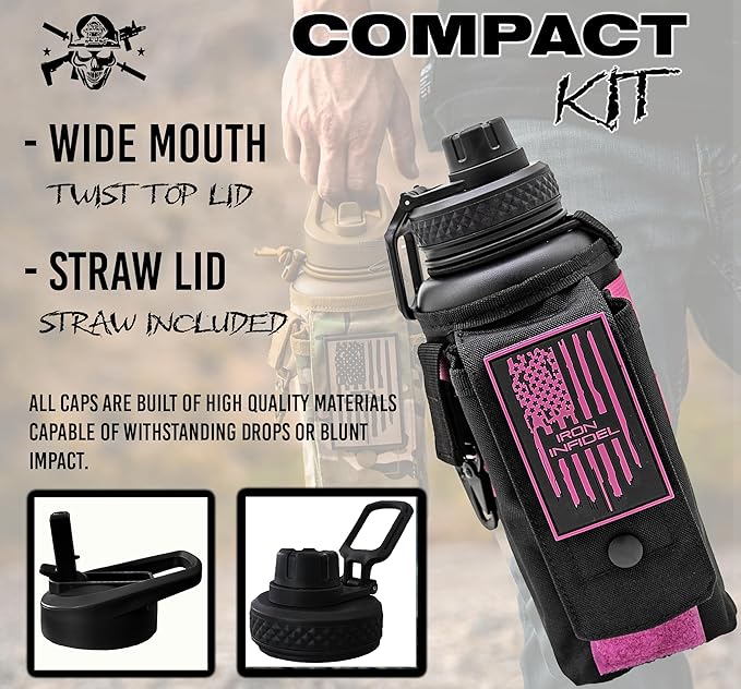 Iron Infidel Battle Bottle - 32 Oz Insulated Water Bottle with Straw Lid & Chug Cap, Stainless Steel Metal Flask Includes Rugged, Removable Sleeve for Keys, Wallet, & Phone (Black/Pink 1 Liter)-FlexoryFit
