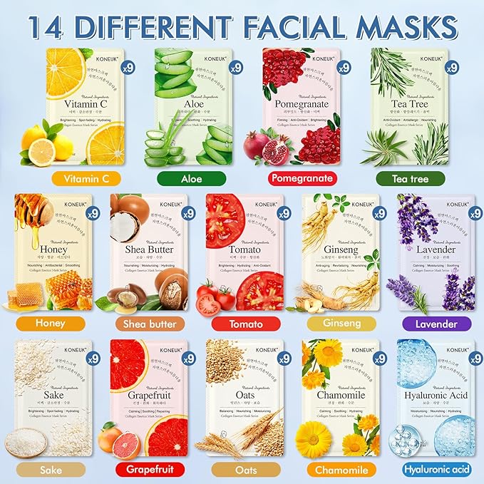 126 Pack Sheet Face Masks Skincare, Bulk Facial Mask Gifts Set for Women Skin Care, Hydrating Face Masks Suitable for All Skin Types, Face Mask Spa for Sensitive Skin-FlexoryFit