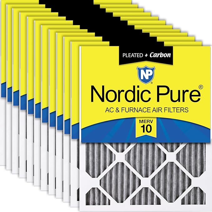 Nordic Pure 12x12x1 (11 3/4 x 11 3/4 x 3/4) Furnace Air Filters MERV 10 Pleated Plus Carbon 12 Pack