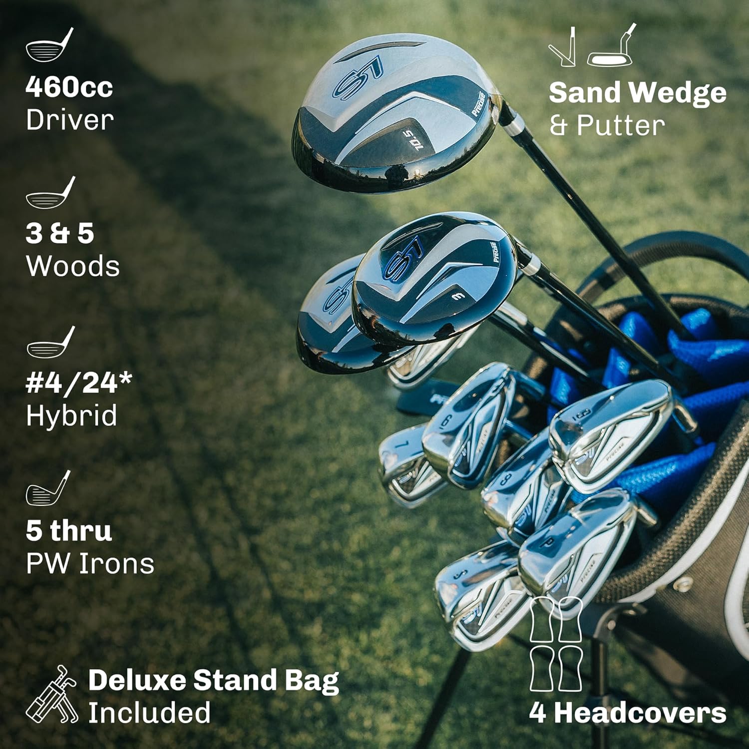 Precise S7 Men's Complete Right Handed Golf Club Set | Complete Regular & Tall Mens Golf Clubs Set | with 4 HC's, Lightweight Shafts & Spacious Stand Bag w/Storage Pockets & Dual Straps for Carrying