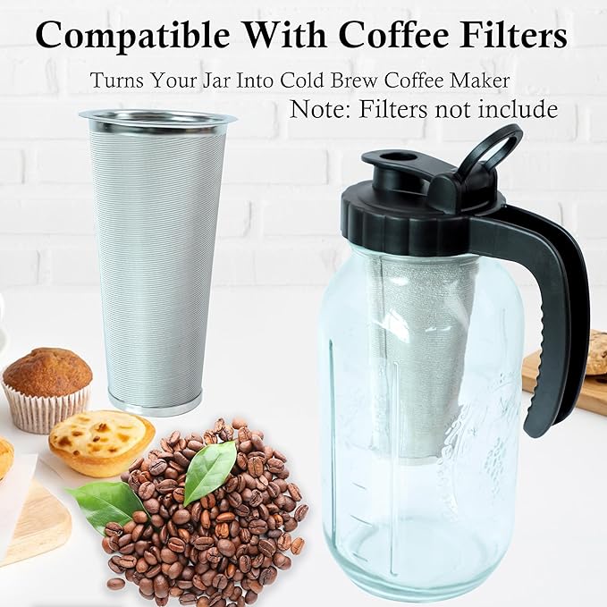 Mason Jar Pitcher 64 Oz 2 Set Sun Tea Glass Jar With Spout 2 Quart Wide Mouth Half Gallon Pitcher For Cold Brew,Fridge Breastmilk Store, Beverage Airtight Ice Tea Coffee Pitcher Water Jug Heavy Duty