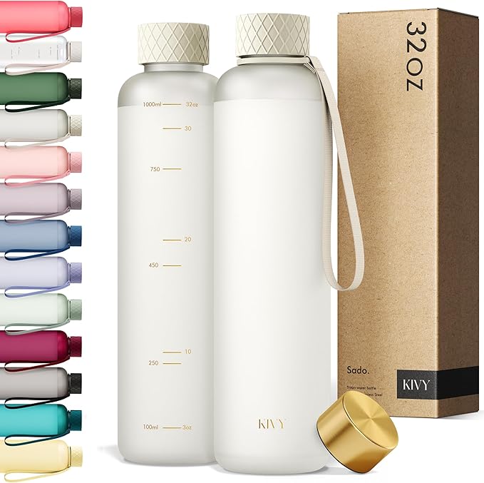 KIVY Slim Water Bottle 32oz [Lightweight & Shatterproof] Fits Cupholder & Backpack - Dishwasher safe water bottle no straw - Cute aesthetic water bottles screw top - Bpa free, Gold, White water bottle-FlexoryFit