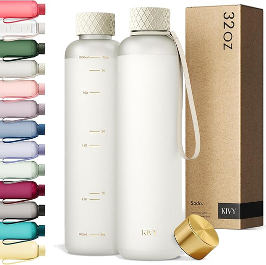 KIVY Slim Water Bottle 32oz [Lightweight & Shatterproof] Fits Cupholder & Backpack - Dishwasher safe water bottle no straw - Cute aesthetic water bottles screw top - Bpa free, Gold, White water bottle-FlexoryFit