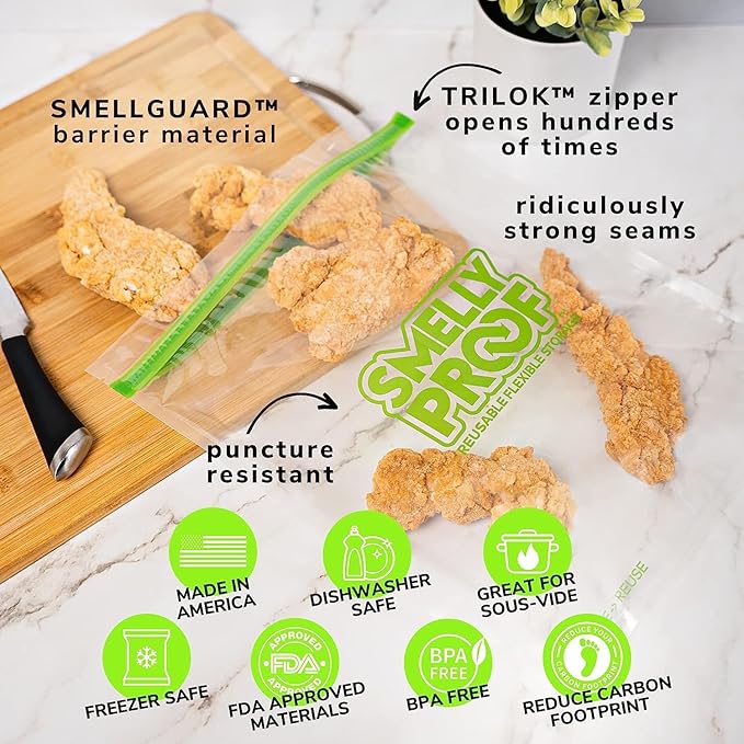 Reusable Storage Bags for Food by Smelly Proof Bags - MADE IN USA, Easy Clean, Dishwasher-Safe, BPA FREE, NO PEVA, XL 3-mil Thick Bags, Extra Large Clear FLAT 10.5" x 12" GALLON 15-Pack