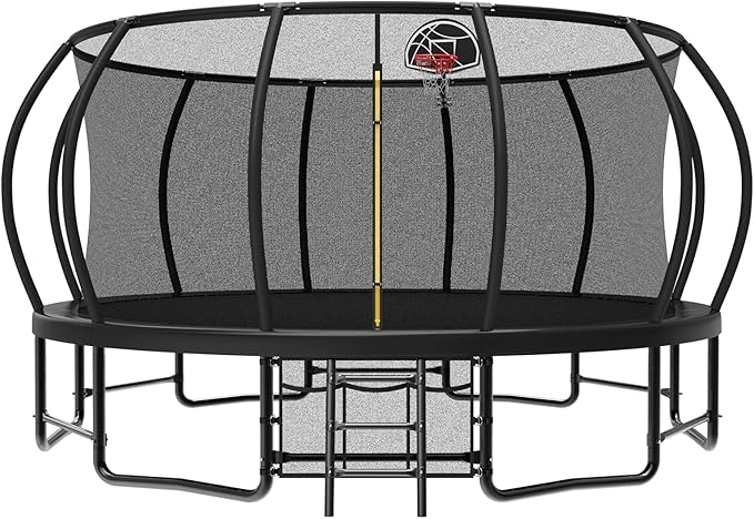 10 12 14 15 16FT Outdoor Trampolines for Kids and Adults, Pumpkin Trampoline with Curved Poles, Recreational Trampoline with Basketball Hoop and Safety Enclosure Net for Kids and Adults-FlexoryFit