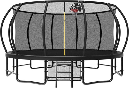 10 12 14 15 16FT Outdoor Trampolines for Kids and Adults, Pumpkin Trampoline with Curved Poles, Recreational Trampoline with Basketball Hoop and Safety Enclosure Net for Kids and Adults-FlexoryFit