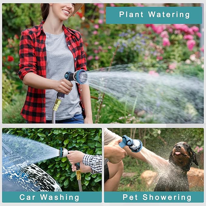 50FT 5/8'' Garden Hose, 304 Stainless Steel Water Hose, Flexible with a 10-Mode Nozzle Sprayer, No Kink, Lightweight, Puncture Proof Metal Hose, Ideal for Yard, Lawn, Outdoor