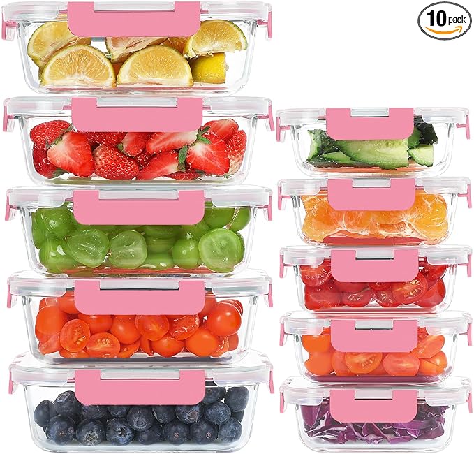 10 Pack Glass Food Storage Containers, Meal Prep Containers with Lids, Airtight Glass Lunch Boxes, Freezer, Oven, and Microwave Safe, Pink-FlexoryFit