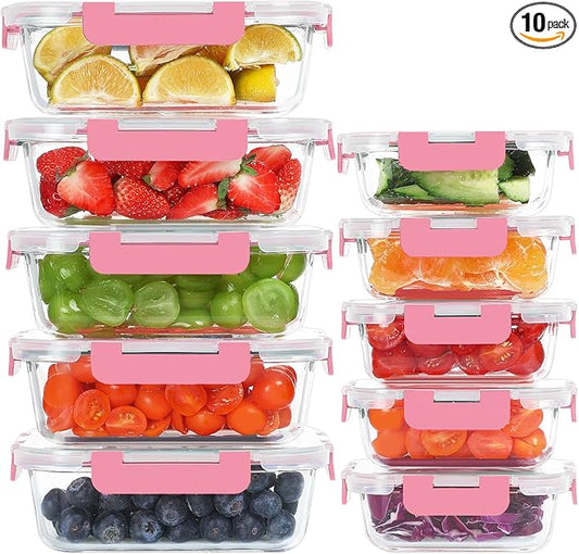 10 Pack Glass Food Storage Containers, Meal Prep Containers with Lids, Airtight Glass Lunch Boxes, Freezer, Oven, and Microwave Safe, Pink-FlexoryFit