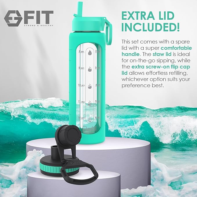 FIT Strong & Healthy 32 oz Glass Water Bottle with Straw Lid, Time Marker, Sleeve & Extra Lid - Motivational, Wide Mouth 1 Liter Glass Drinking Bottle