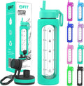 FIT Strong & Healthy 32 oz Glass Water Bottle with Straw Lid, Time Marker, Sleeve & Extra Lid - Motivational, Wide Mouth 1 Liter Glass Drinking Bottle