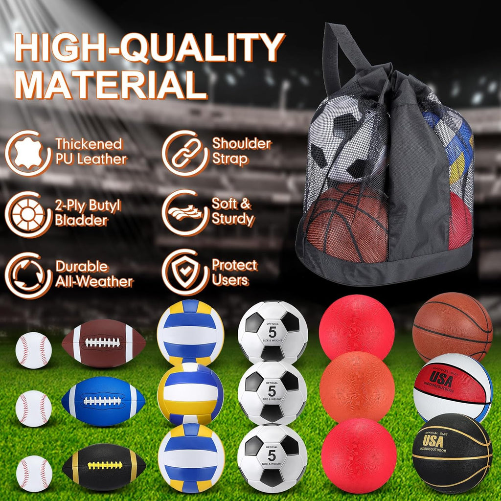 Leyndo 18 Pcs Sport Balls Bulk Set Basketball Football Volleyball Soccer Playground Baseball with Sport Equipment Bag Pump for Youth Adults Outdoor Indoor Practice Gift Back to School