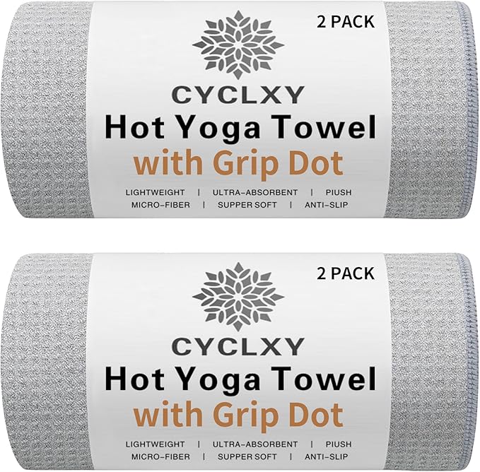 2 Pack Hot Yoga Towel with Grip Dot，Stickyfiber Yoga Mat Towels Non Slip for Hot Yoga,Absorbent Microfiber Sweat Anti-Slip Cover,Bikram,Pilates,Exercise,Fitness-FlexoryFit