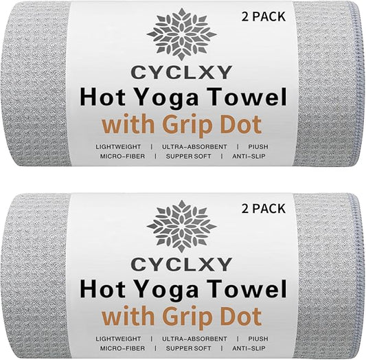2 Pack Hot Yoga Towel with Grip Dot，Stickyfiber Yoga Mat Towels Non Slip for Hot Yoga,Absorbent Microfiber Sweat Anti-Slip Cover,Bikram,Pilates,Exercise,Fitness-FlexoryFit