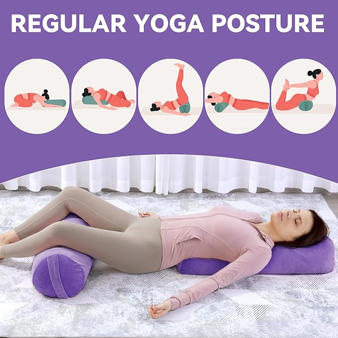 ROYALAY 2 Pcs Yoga Bolster Pillow for Restorative Yoga, Rectangular and Cylinder Meditation Pillow Set with Carrying Handles, Supportive Cushion for Exercise Workout Stretching Meditation,Purple-FlexoryFit