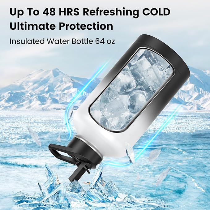 Insulated Water Bottle 64 oz, Triple Wall Vacuum Stainless Steel(Cold for 48 Hrs),Leak Proof & BPA-Free,Half Gallon Water Bottle with Reflective Paracord & Flip Straw for Sports & Travel, DarkGray-FlexoryFit