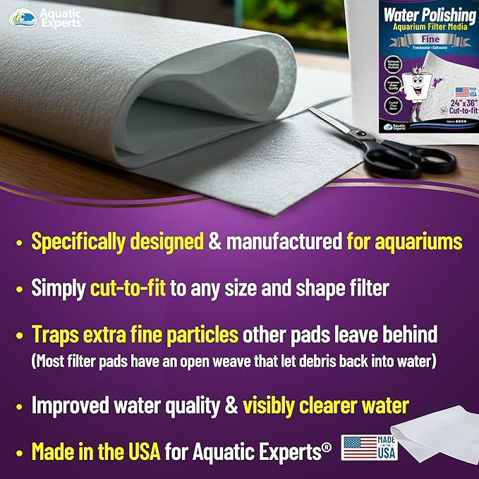 Aquatic Experts Aquarium Polishing Filter Pad, Water Polishing Pad for Aquarium Filters, Filter Floss for Fish Tank Filters, (50 Micron, 24" x 36" - 2 Pack)