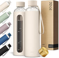 KIVY Glass Water Bottle with Silicone Sleeve 32 oz [WITH MEASUREMENT] - Borosilicate Glass Water Bottle Screw Top - Clear Bottles with Measurement Marking - Slim Waterbottle Aesthetic - Cream White