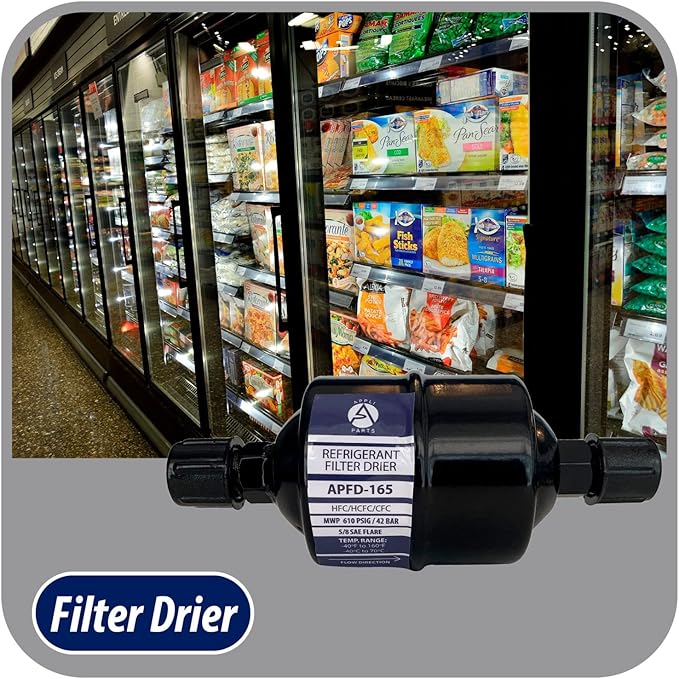 Appli Parts APFD-165 5/8 in Liquid Line Refrigerant AC Filter Drier hvac Refrigeration 165 SAE Flare connection universal unidirectional 6in long 3in wide