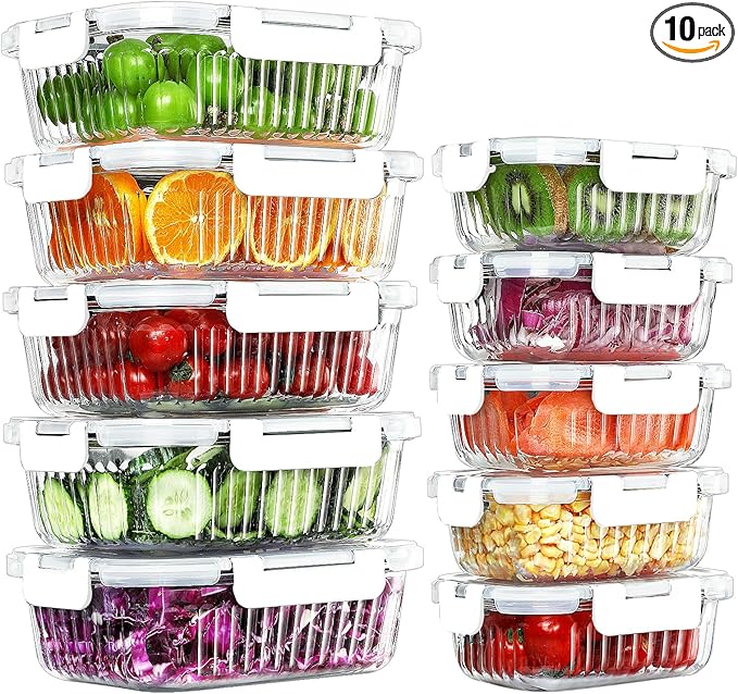 10 Packs Glass Food Storage Containers Set, Glass Meal Prep Containers with Lids, Airtight Lunch Containers, Microwave, Oven, Freezer and Dishwasher Safe, White-FlexoryFit
