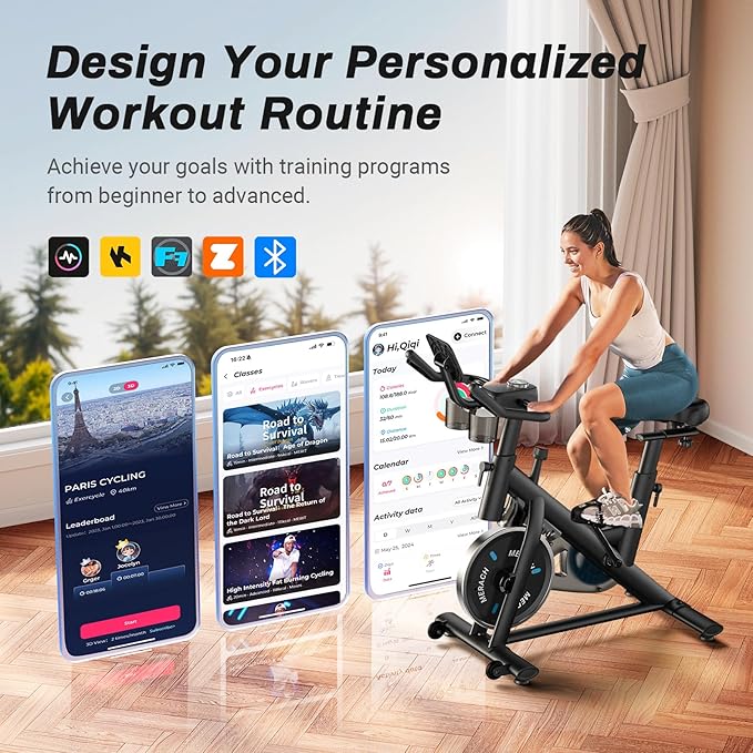 MERACH Exercise Bike, Brake Pad Stationary Bike with Exclusive App, Low Noise Indoor Cycling Bike with 300lbs Weight Capacity, Tablet Mount and Fitness Courses for Weight Loss-FlexoryFit