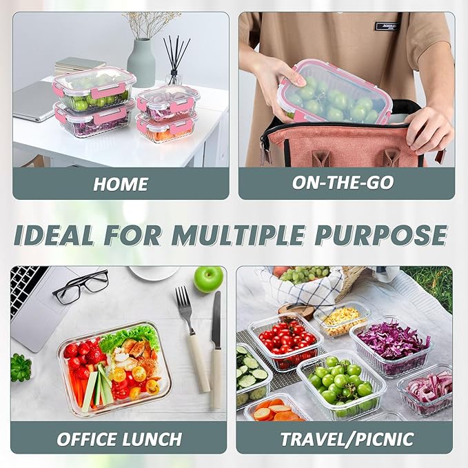 10 Packs Glass Meal Prep Containers with Lids, Glass Food Storage Containers Set, Airtight Lunch Containers, Microwave, Oven, Freezer and Dishwasher Safe, Pink-FlexoryFit