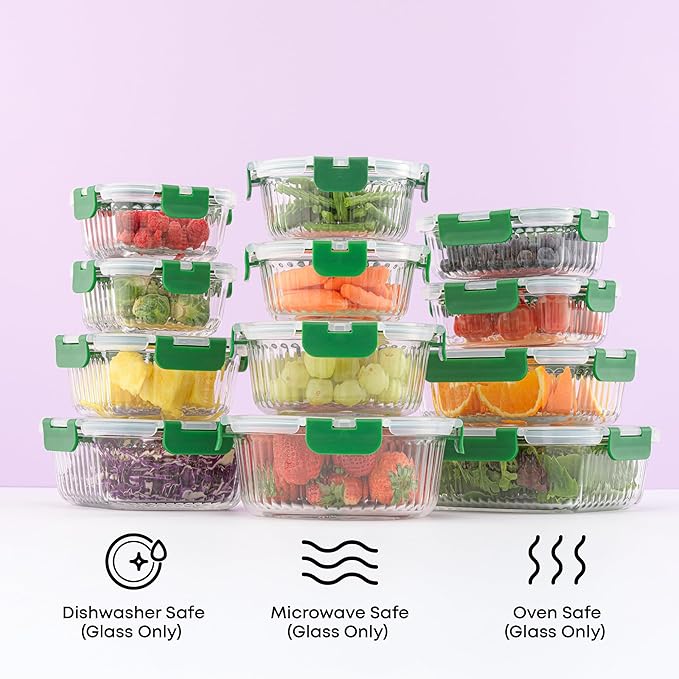JoyJolt 24pc Borosilicate Glass Storage Containers with Lids | 12 Airtight/Freezer Safe Food Storage Containers for Pantry and Kitchen | Meal Prep Container for Lunch | Glass Tupperware Set-FlexoryFit