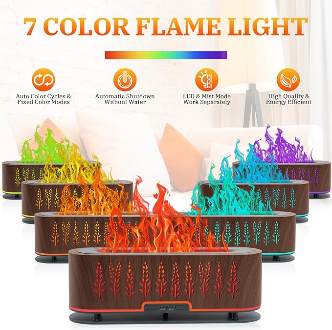 Essential Oil Diffusers, Flame Air Diffuser, 200ml Aromatherapy Diffuser with 2 Mist Mode 4 Timer Up & Waterless Auto-Off Protection for Bedroom Home, Office(Wheat-Dark Brown)