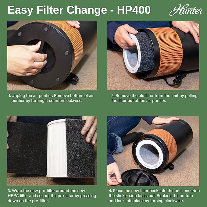 Hunter HP400 Round Air Purifiers for Home, True HEPA Air Purifier Tower for Pets, Odors, Allergens, Smoke, Dust, VOC's. HEPA Air Purifiers for Bedroom and Small Room, Denim & Silver