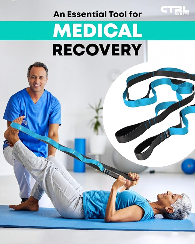 Stretching Strap with Loops - Non Elastic Stretch Band for Physical Therapy, Yoga Strap for Stretching Equipment, Stretch Bands for Exercise and Flexibility - Fascia, Hamstring & Leg Stretcher Belt-FlexoryFit