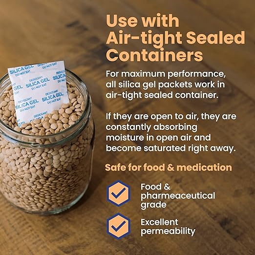 Wallaby 5 gram (50 Packets) Food Safe Pure White Silica Gel Desiccant Dehumidifier Packs - Rechargeable & Coated Moisture Absorbers - Protects Against Moisture Damage - (Packed in 10x Sets of 5)