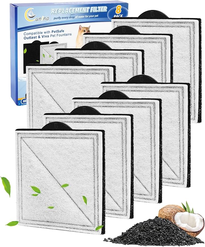 8 Pack Pet Water Fountain Filter Replacement Compatible with PetSafe Outlast Pumpless Fountains, Fit for Viva Cat Fountain Stainless Steel