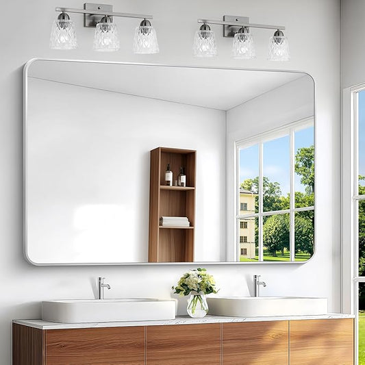 Silver Bathroom Mirror,60x40 inch Wall Mirror for Bathroom Wall Mounted,Rectangle Mirror for Bathroom Over Sink,Modern Frame Round Corner for Living Room,Bedroom Entryway,Horizontal/Vertical