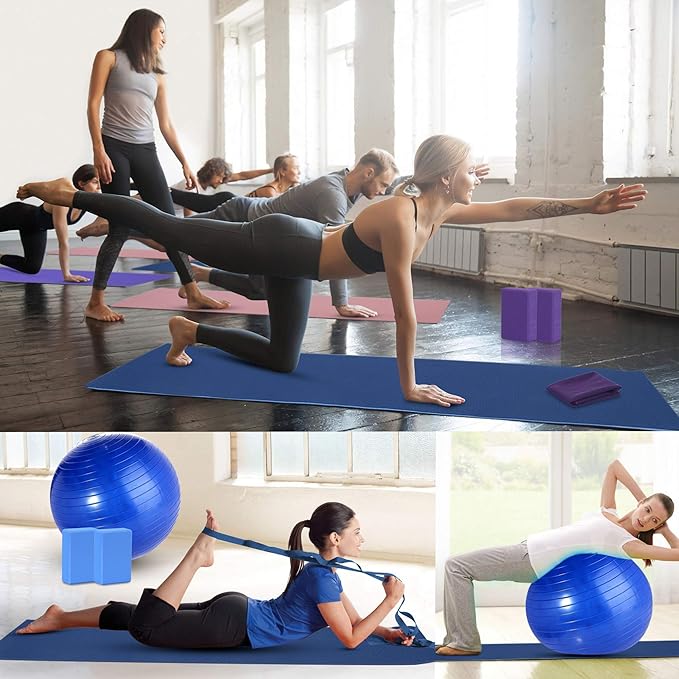 Yoga Starter Kit - 11-Piece Set with Yoga Blocks, Strap, Ball, Mat, Carrying Strap, Net Bag, Cooling Towel-FlexoryFit