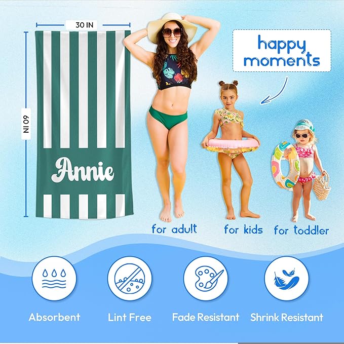 JML Personalized Beach Towel with Name, Custom Cabana Stripe Beach Towel, Customized Microfiber Pool Towel, Quick Dry & Absorbent Swim Towel for Adult,Mother's Day, Birthday, Summer Holiday,Vacation-FlexoryFit