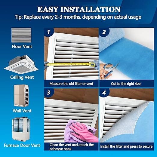 MERV 8 Air Vent Filters, 16" x 90"Cut to Fit Air Filter Material (60+ Filters),Electrostatic Triple Vent Filter for Floor, Ceiling, HVAC Furnace Vents, Includes 48 Adhesive Hook Tape