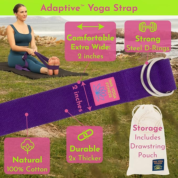 Adaptive Yoga Strap, Stretching Strap, 2 Inches Wide, 100% Naturally Soft Cotton, Steel D-Rings, Includes Natural Cotton Drawstring Storage Pouch and Instructional E-Book-FlexoryFit