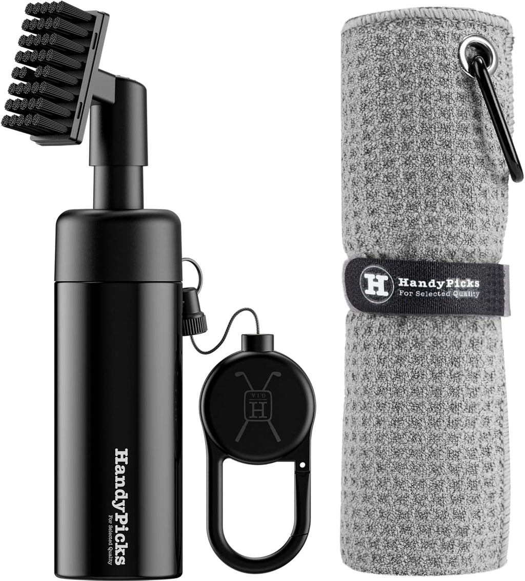Handy Picks Golf Club Cleaner with Water Bottle Holds 5.5 OZ, Heavy Duty Metal Retractable Magnetic Clip, Waffle Microfiber Golf Towel, Ideal Water Brush Combo