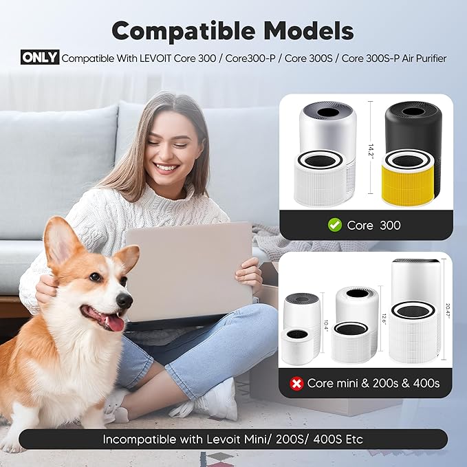 Core 300 Pet Care Replacement Filter for LEVOIT Core 300, Core 300S and Core 300-P Air Purifier, 3-in-1 H13 True HEPA Filter Replacement, Compared to Part # Core 300-RF-PA, 2 Pack, Yellow