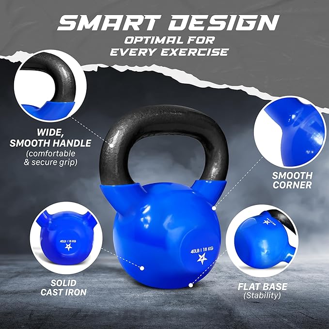 Yes4All 5-100 LB Kettlebells Vinyl Coated Cast Iron for Dumbbell Weights Exercises, Gym, Fitness, Full Body Workout Equipment Push up, Grip and Strength Training-FlexoryFit