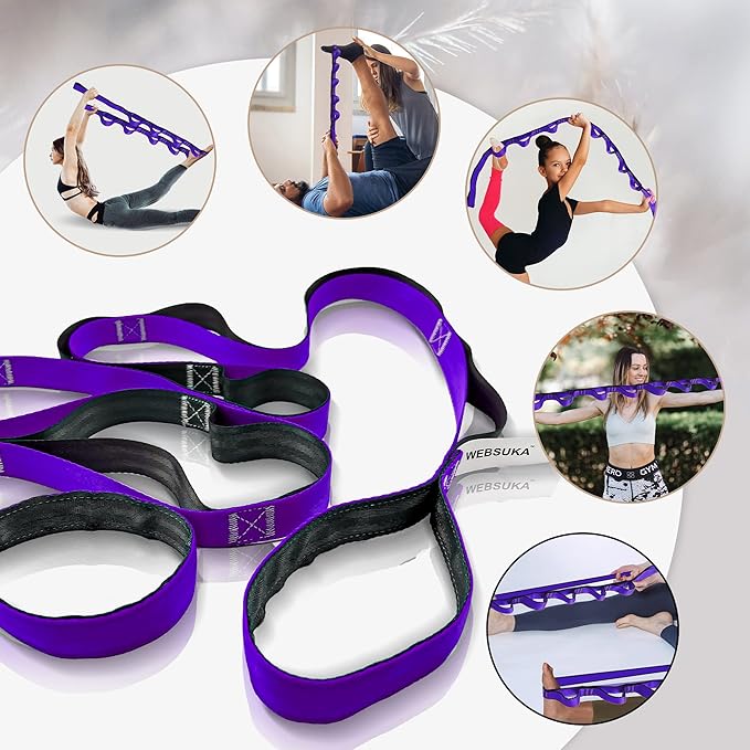 Stretching Strap Yoga Strap, 10 Loops Non-Elastic Stretch Bands Helps Women and Men Improve Flexibility for Home Workout, Physical Therapy, Pilates, Exercise, Dance, Comes with Door Anchor-FlexoryFit