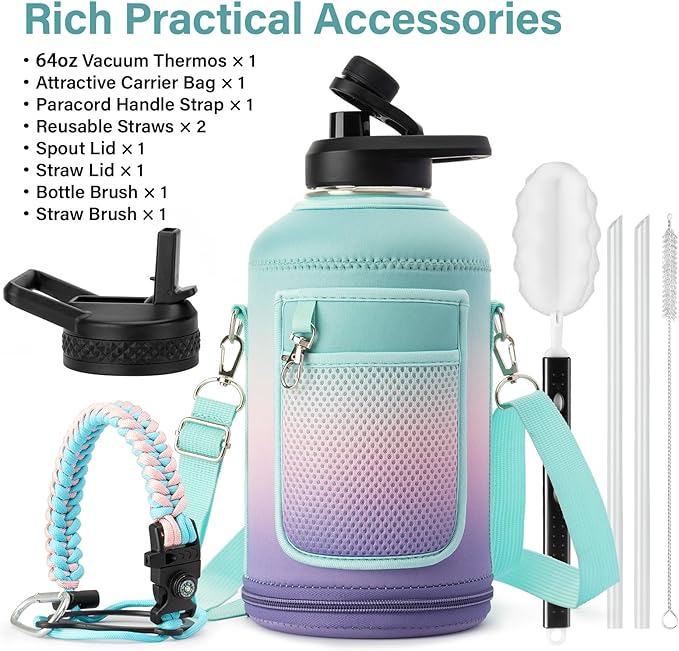 Insulated Water Bottle | Thickened Stainless Steel Vacuum Metal | Portable Sports Half Gallon Large Water Jug for Gym and Hiking with Straw, Carrier Bag, Handle Strap | BPA-Free 64 oz-FlexoryFit