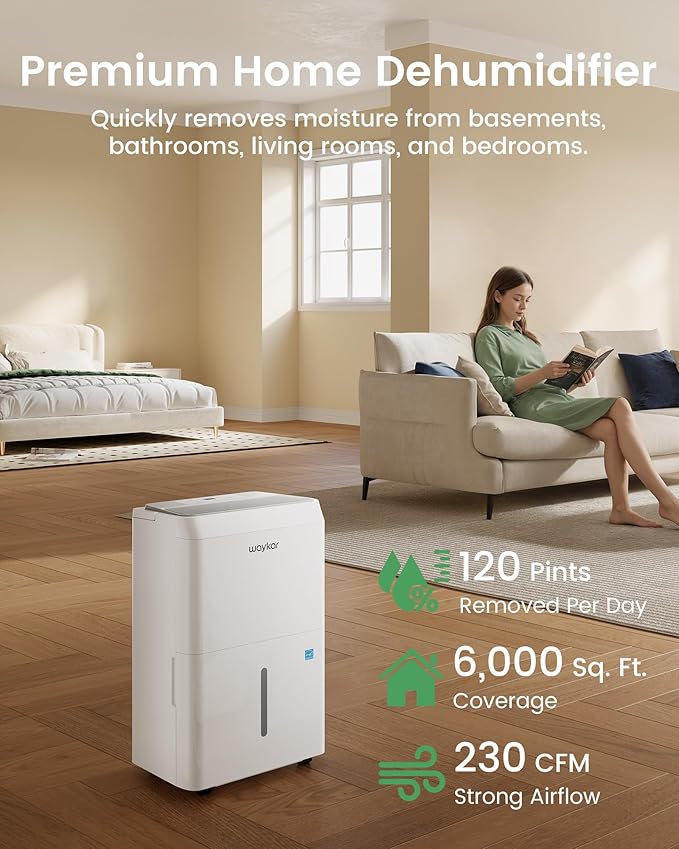 Waykar 120 Pint 2025 Energy Star Dehumidifier for Home, Basement, Large Rooms up to 6,000 Sq. Ft. - Auto Defrost, Ultra Quiet(40 dB), Auto Comfort Mode, with Drain Hose & Water Tank