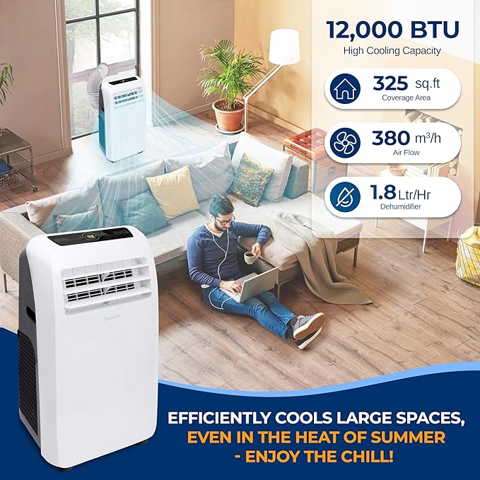 SereneLife Small Air Conditioner Portable 12,000 BTU with Built-in Dehumidifier + Heat - Portable AC unit for rooms up to 550 sq ft - Remote Control, Window Mount Exhaust Kit