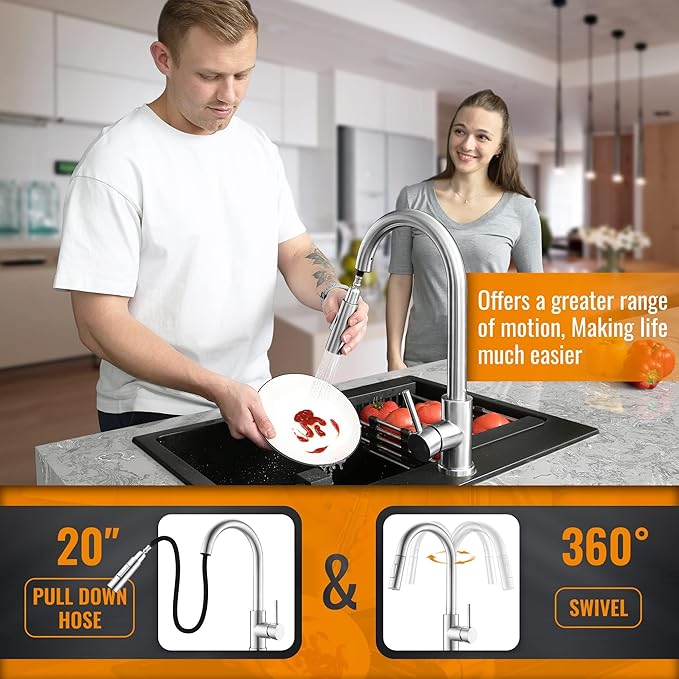 APPASO Kitchen Faucet with Pull Down Brushed Nickel, Single-Handle High Arc Swan-Neck Modern Kitchen Sink Faucet with Optional Deck Plate Stainless Steel, Silver