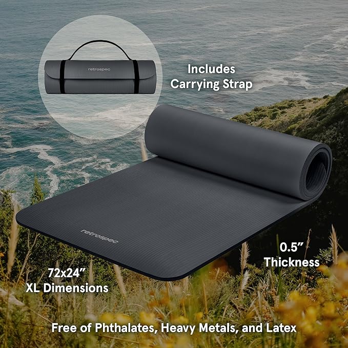 Retrospec Solana Yoga Mat 1/2" Thick w/Nylon Strap for Men & Women - Non Slip Exercise Mat for Yoga, Pilates, Stretching, Floor & Fitness Workouts-FlexoryFit