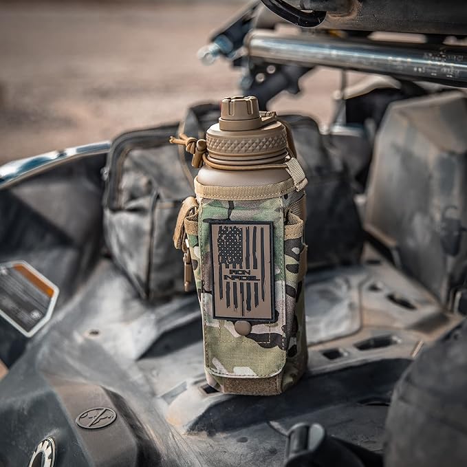 Iron Infidel Battle Bottle - 32 Oz Insulated Water Bottle with Straw Lid & Chug Cap, Stainless Steel Metal Tactical Flask With Rugged, Removable Sleeve for Keys & Phone or Wallet (OCP Camo 1 Liter)-FlexoryFit