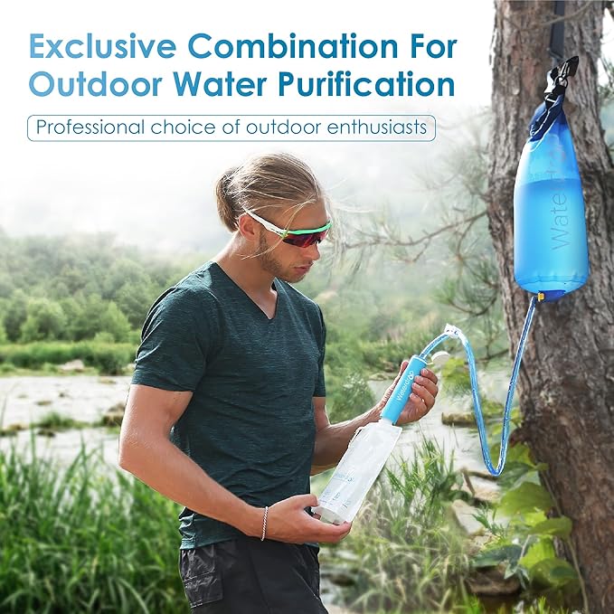 Waterdrop Gravity Water Filter Straw, Camping Water Filtration System, Water Purifier Survival for Travel, Backpacking and Emergency Preparedness, 1.5 gal Bag, 0.1 Micron, 5 Stage Filtration, Blue