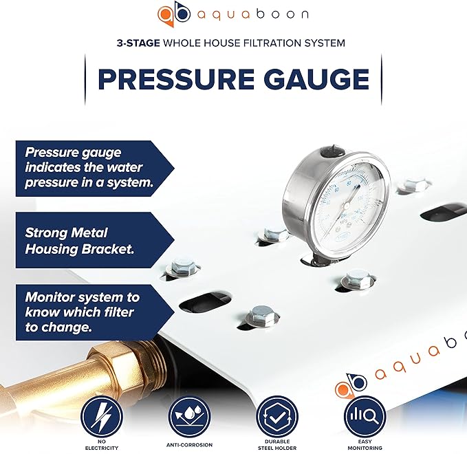 Aquaboon 3-Stage Whole House Water Filter System with Chlorine & Sediment Reducing 20x4.5 Water Filter Cartridges, Gauge & Release, Wrench, Bracket